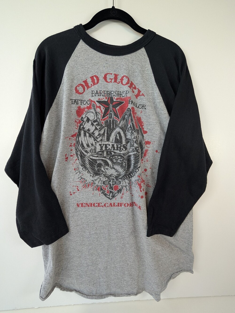 Baseball Tee Old Glory Barbershop & Tattoo Parlor Raglan Graphic  - Size L